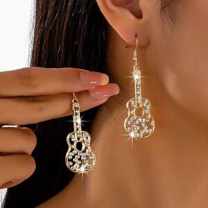Earrings Guitar Shape Rhinestone Dangle Golden French Hooks Music Festivals